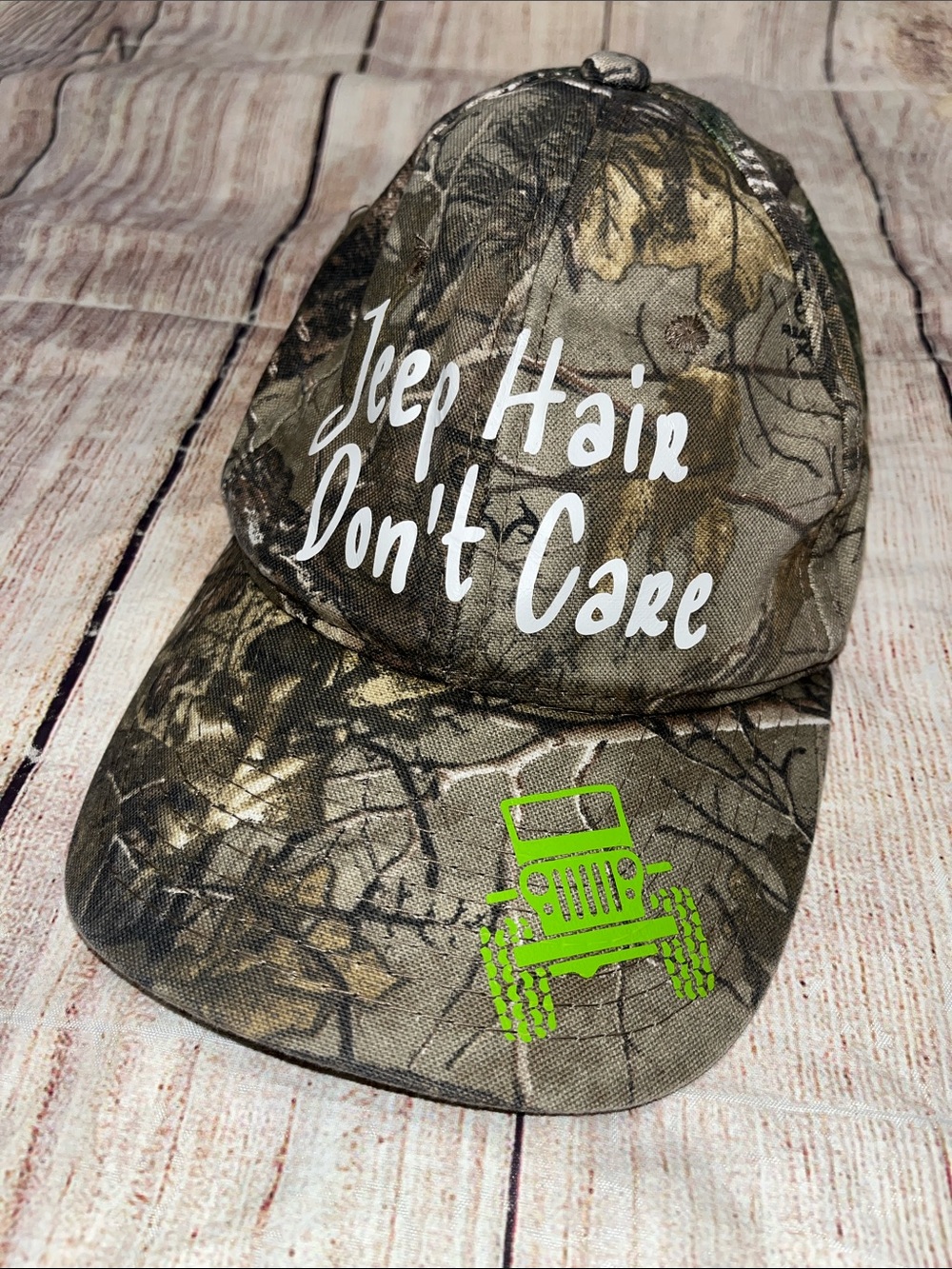 Jeep Hair Don't Care Camo Baseball Cap with Lime Green Jeep Graphic